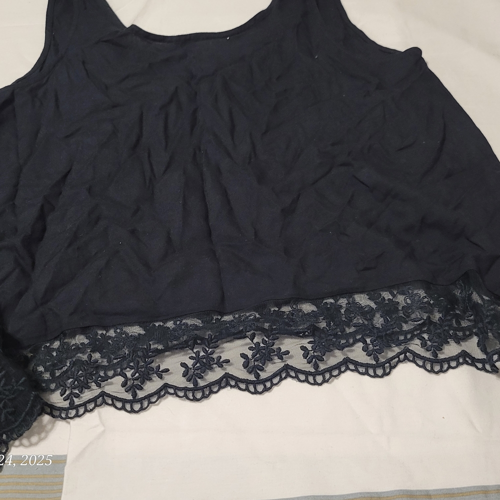 Elegant Navy Lace Trim Women's Top